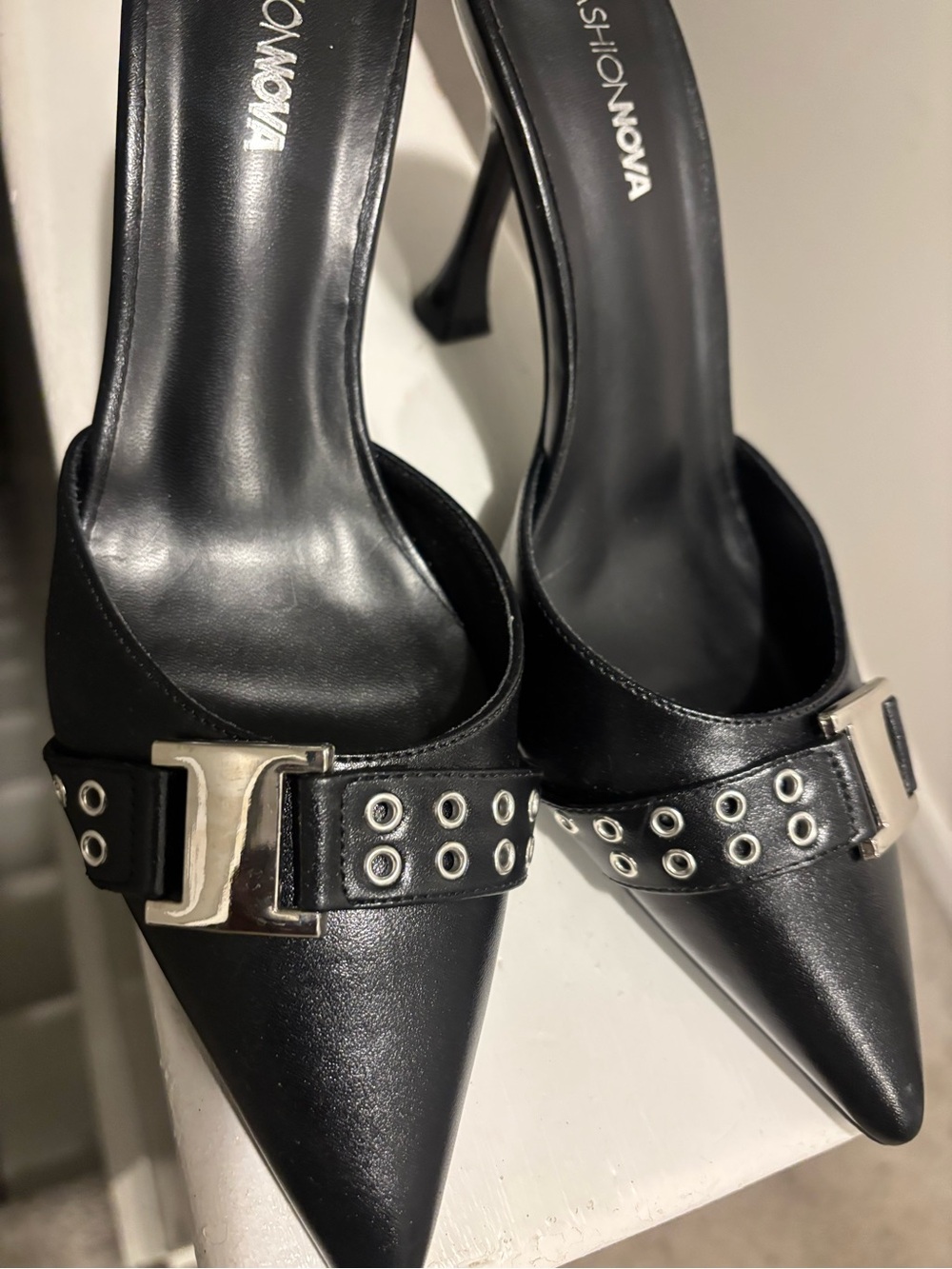 Fashion Nova Black Pointed Toe Studded Strap Mule Heels